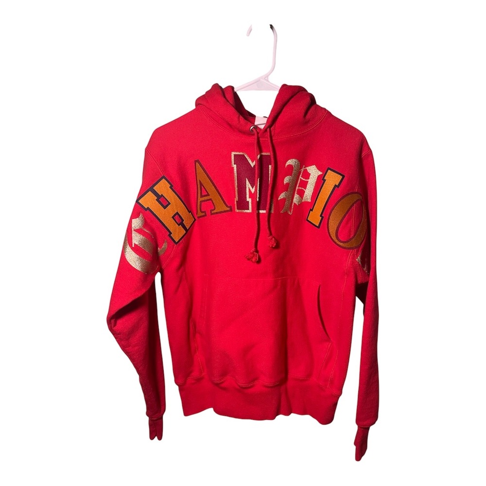 Champion Reverse Weave Hoodie Red Old English Graphic Logo Sweatshirt GF68 Small